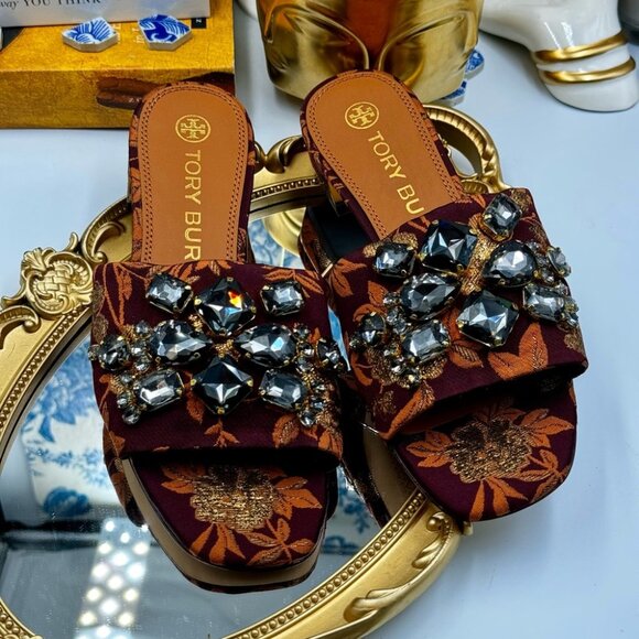 🆕 TORY BURCH 🧿 NWOT Martine 25mm Slide, Burgundy & Gold Jacquard, Sz 7 - Picture 4 of 16